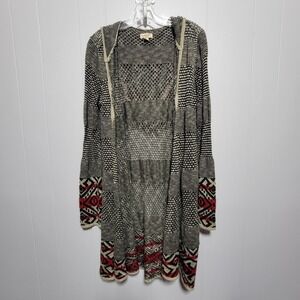 One World Women's Aztec Geometric‎ Hooded Longline Cardigan Sweater Size M